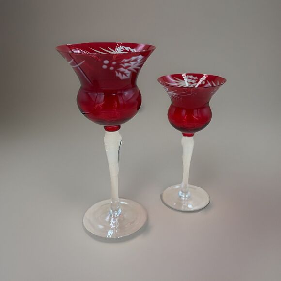 Lenox Holly Christmas Red Candlestick Votives Set Of 2 W/ Box, Etched Glassware - Picture 4 of 7